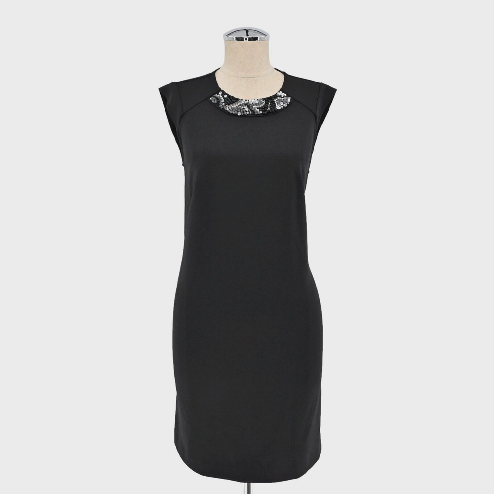Ann Taylor Black Dress Womens Sz S Embellished Shift Cap Sleeve Career Corpcore